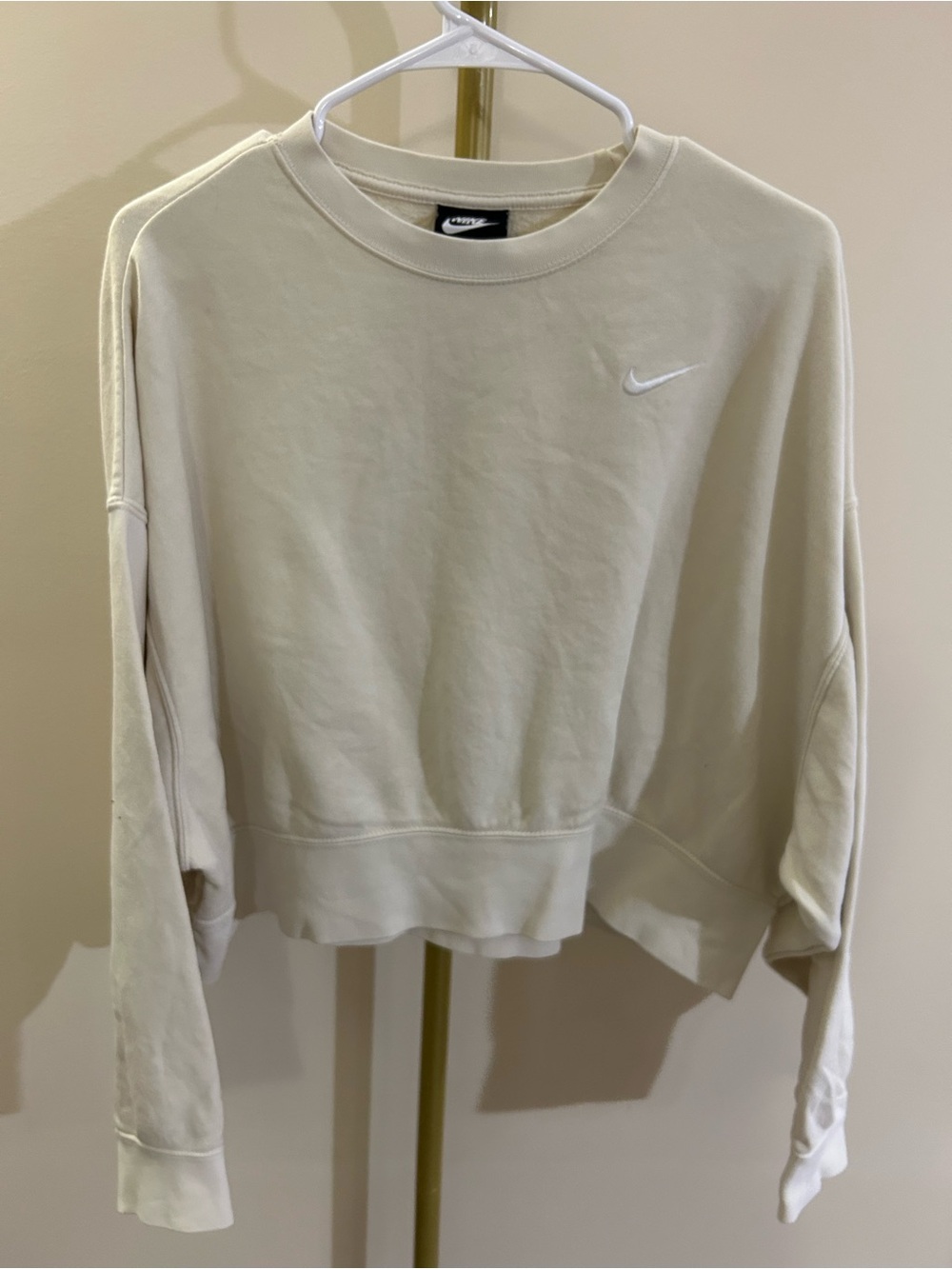 Nike Women's Neutral Cream Crewneck Sweatshirt with Embroidered Swoosh